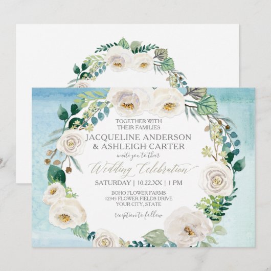 Invitation Rose d'albâtre blanc bleu rustique Eucalyptus Wrea (Devant / Derrière)