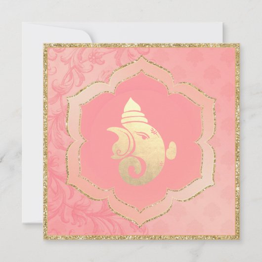 Invitation Rose Damask Gold Ganesh Mariage indien hindou (Devant)