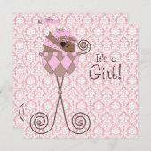 Invitation Rose Damask rose Brown bébé fille douche (Devant / Derrière)