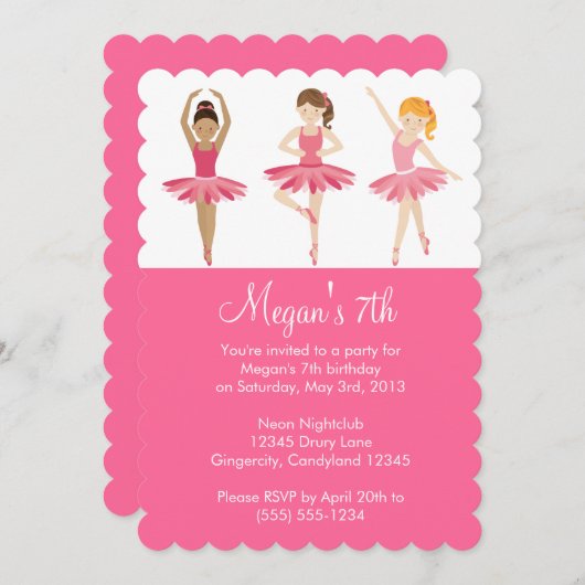 Invitation rose d'anniversaire de ballet (Devant / Derrière)