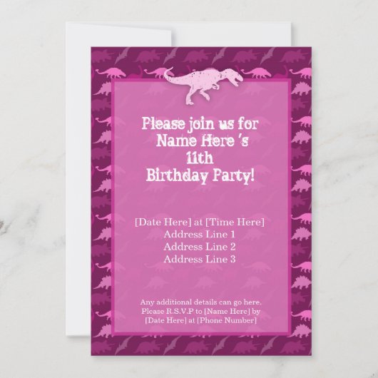 Invitation rose d'anniversaire de dinosaure (Devant)