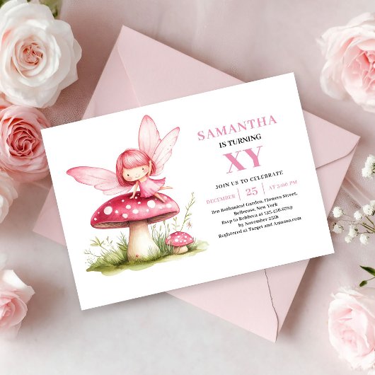 Invitation rose d'anniversaire de fille fée mignon