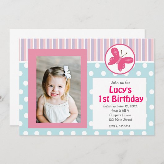 Invitation rose d'anniversaire de papillon de (Devant / Derrière)