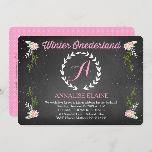 Invitation rose d'anniversaire d'Onderland d'hiver (Devant / Derrière)