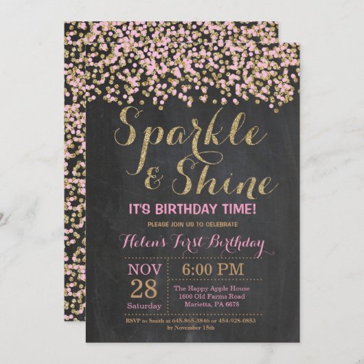 Invitation rose d'anniversaire d'or d'étincelle et (Devant / Derrière)