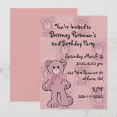 Invitation rose d'anniversaire d'ours de nounours (Devant / Derrière)