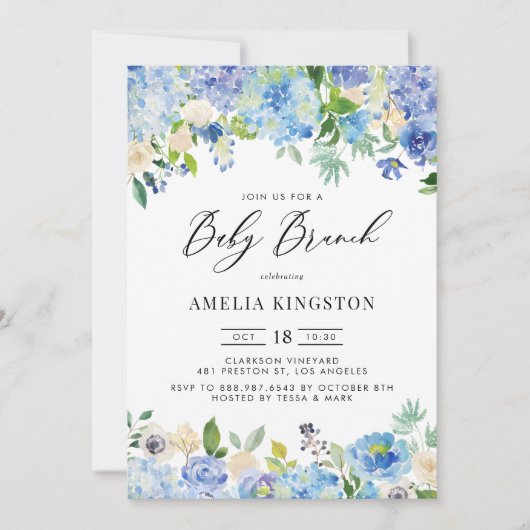 Invitation Rose d'aquarelle bleu et Hydrangea Baby Brunch (Devant)