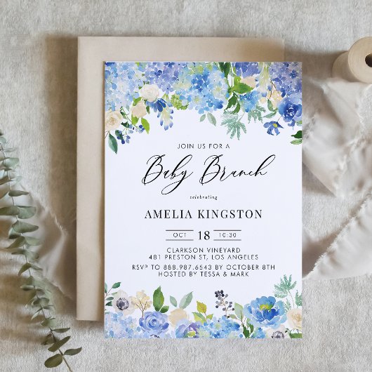 Invitation Rose d'aquarelle bleu et Hydrangea Baby Brunch