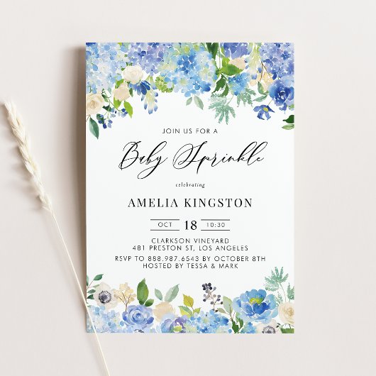 Invitation Rose d'aquarelle bleu et Hydrangea Baby Sprinkel