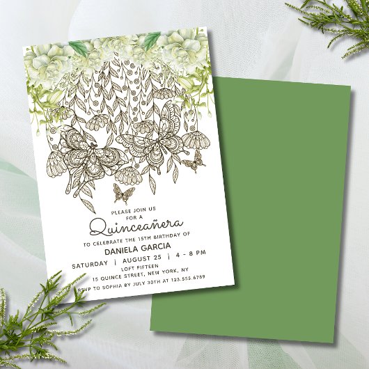 Invitation Rose d'aquarelle en fleurs papillon Quinceañera