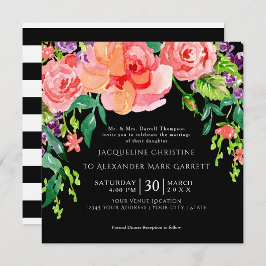 Invitation Rose d'aquarelle moderne Floral Mariage Noir Gré (Devant / Derrière)