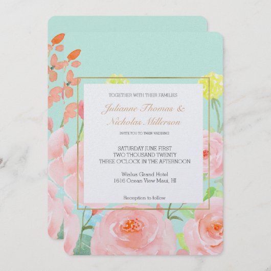 Invitation Rose d'aquarelle rose et menthe (Devant / Derrière)