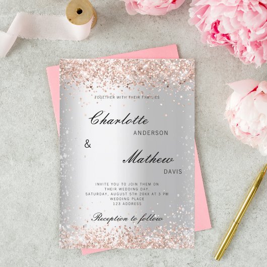 Invitation Rose d'argent en or script mariage formel