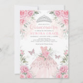 Invitation Rose d'argent rose princesse Crown Quinceañera (Devant)