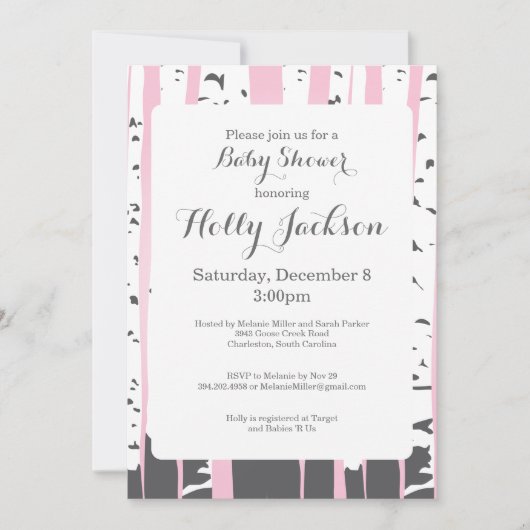 Invitation rose de baby shower d'arbres d'Aspen (Devant)