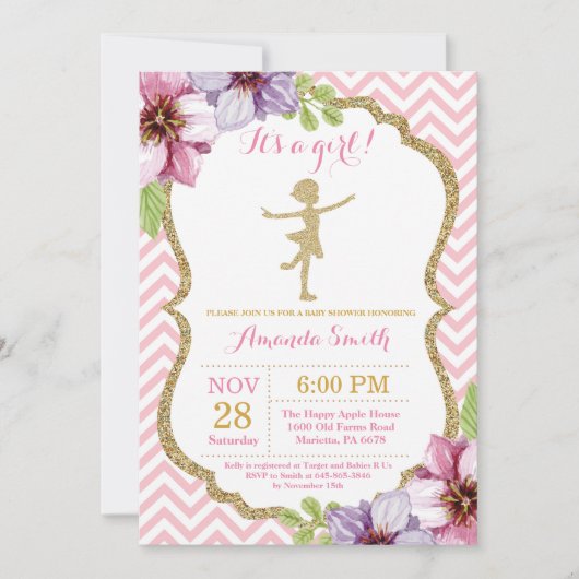 Invitation Rose de baby shower de ballerine et parties (Devant)