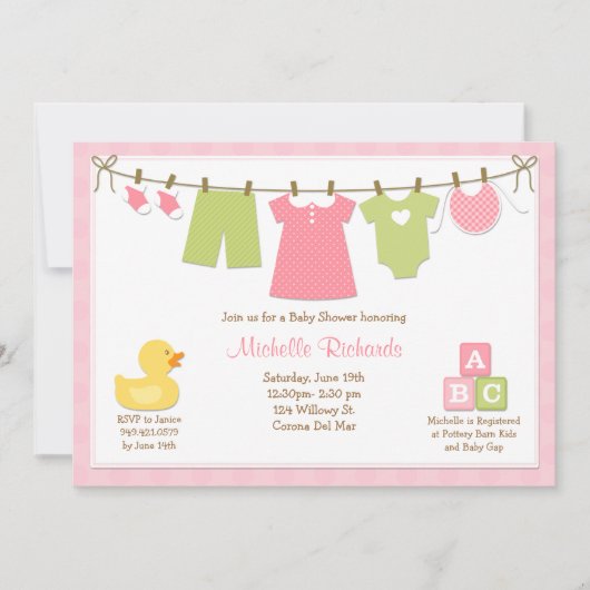 Invitation rose de baby shower de blanchisserie (Devant)