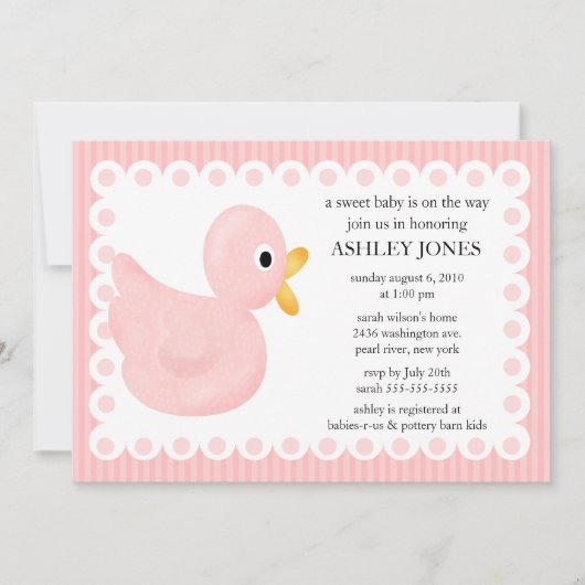 Invitation rose de baby shower de canard (Devant)