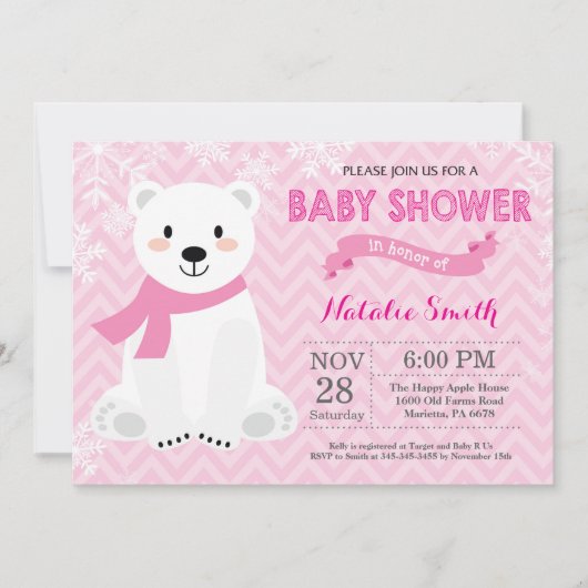 Invitation rose de baby shower de fille d'ours (Devant)