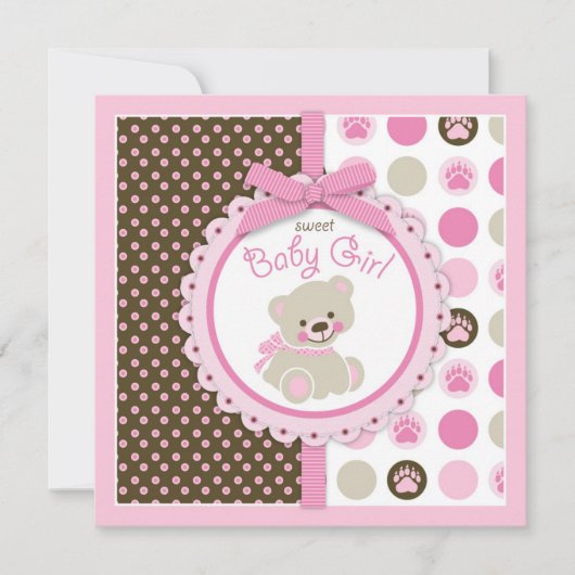Invitation Rose de baby shower de fille d'ours de nounours (Devant)