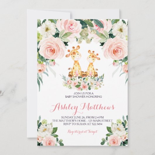 invitation rose de baby shower de fleur de girafe (Devant)