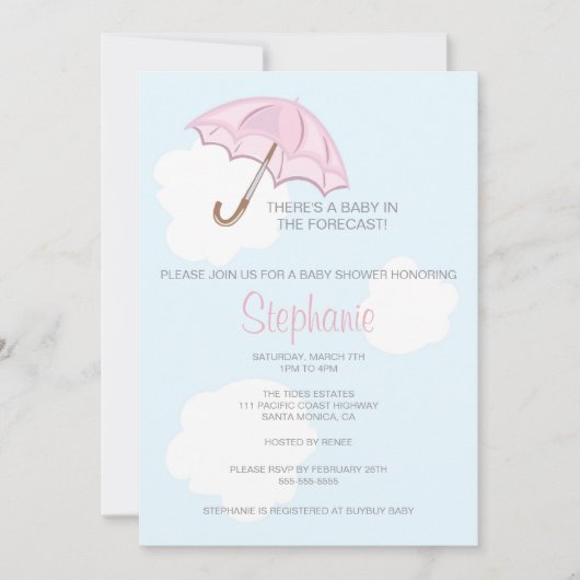 Invitation rose de baby shower de parapluie (Devant)