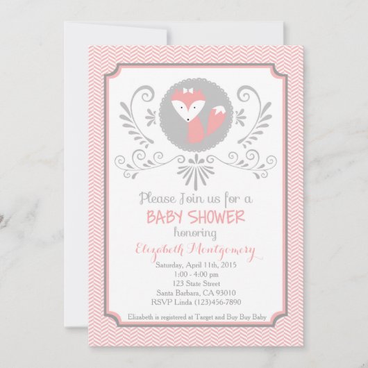 Invitation rose de baby shower de renard (Devant)