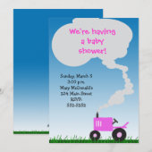 Invitation rose de baby shower de tracteur (Devant / Derrière)