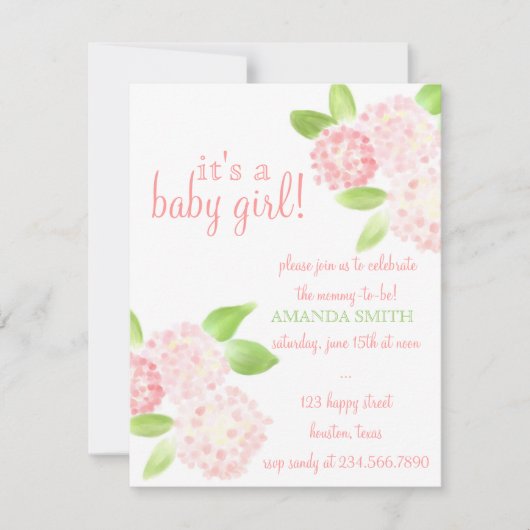 Invitation rose de baby shower d'hortensia (Devant)