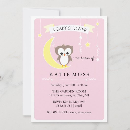 Invitation rose de baby shower du petit hibou | (Devant)