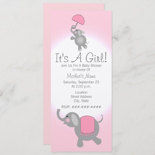 Invitation rose de baby shower - éléphant de mère (Devant / Derrière)