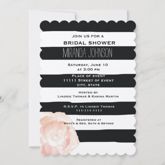 Invitation Rose de bandes d'aquarelle noir et blanc (Devant)