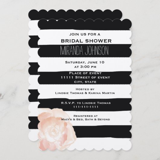 Invitation Rose de bandes d'aquarelle noir et blanc (Devant / Derrière)