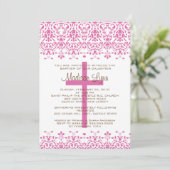 Invitation rose de baptême de damassé (Debout devant)