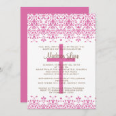 Invitation rose de baptême de damassé (Devant / Derrière)