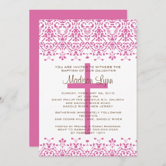 Invitation rose de baptême de damassé (Devant / Derrière)