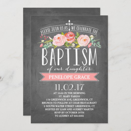 Invitation rose de baptême du tableau | de (Devant / Derrière)