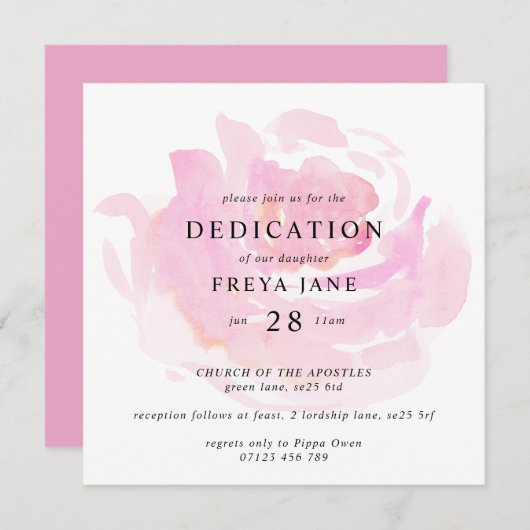 Invitation Rose de bébé Dedication Carré (Devant / Derrière)