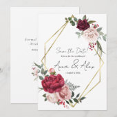 Invitation Rose de Bourgogne Floral Géométrique Save the Date (Devant / Derrière)