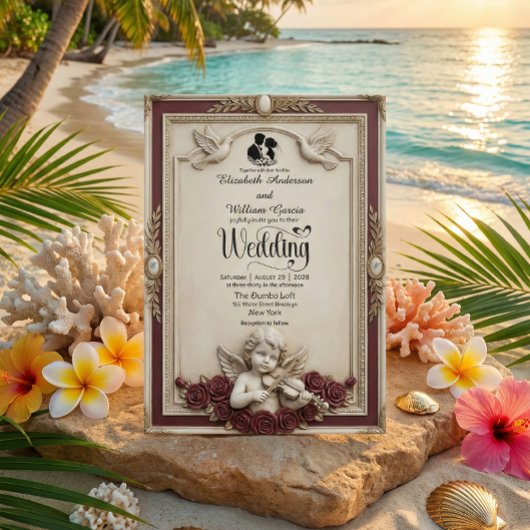 Invitation Rose de Bourgogne profonde et chérubins Mariage de