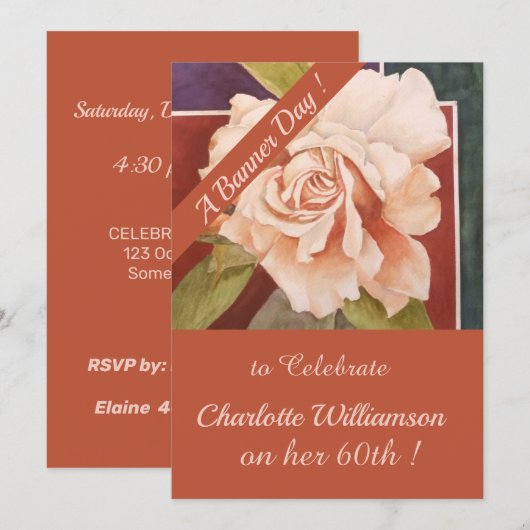 Invitation Rose de bronze cuivre aquarelle Anniversaire Flora (Devant / Derrière)
