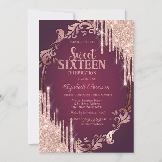 Invitation Rose de cadre rétro Parties scintillant or Drives (Devant)