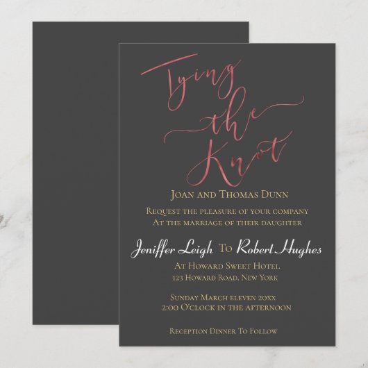 Invitation Rose de calligraphie Gold Tying Mariage de paillet (Devant / Derrière)