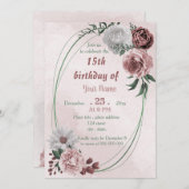 Invitation rose de cannelle blanc fleuri géométrique annivers (Devant / Derrière)