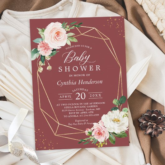 Invitation Rose de cannelle Blush Floral Baby shower géométri
