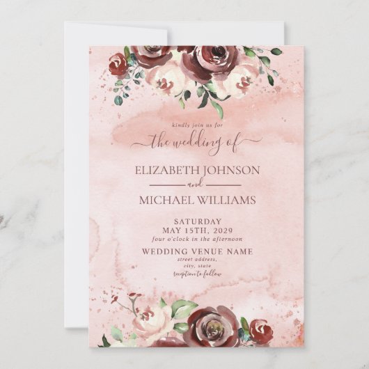 Invitation Rose de cannelle Dusty Rose or Aquarelle Script (Devant)