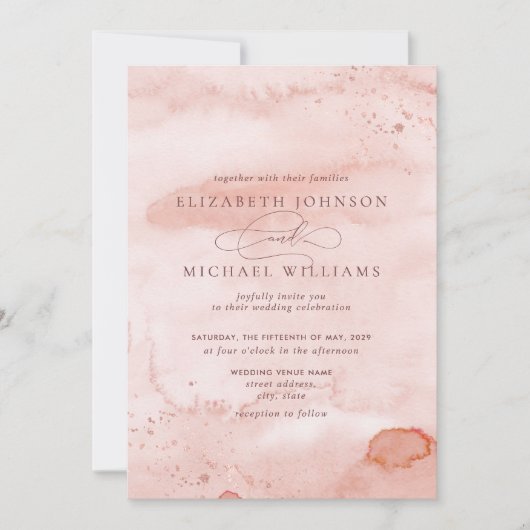 Invitation Rose de cannelle Dusty Rose or Aquarelle Script (Devant)