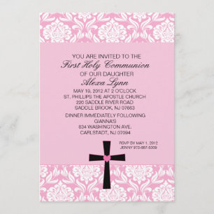 Invitation rose de communion de coeur de damassé