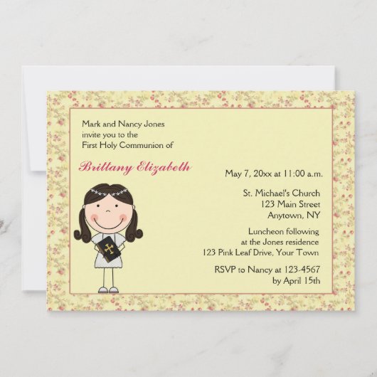 Invitation rose de communion de fille de cheveux (Devant)