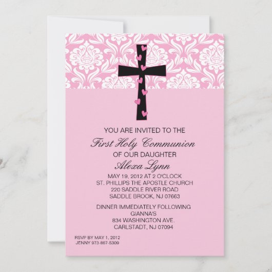 Invitation rose de communion de filles de damassé (Devant)